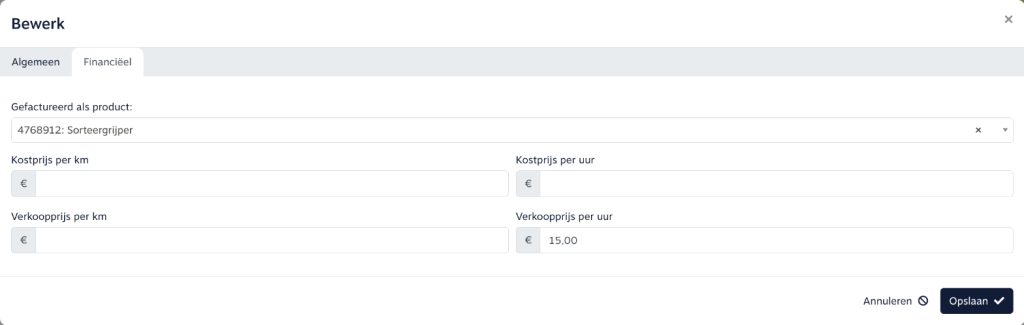 Tabblad Financiëel van een hulpstuk in OMS4Business